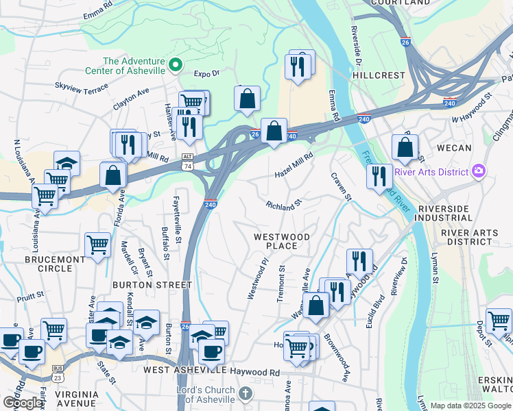 map of restaurants, bars, coffee shops, grocery stores, and more near 160 Richland Street in Asheville