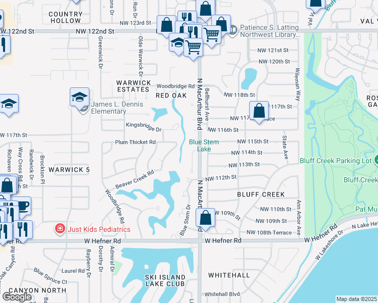 map of restaurants, bars, coffee shops, grocery stores, and more near 11405 Spring Creek Road in Oklahoma City
