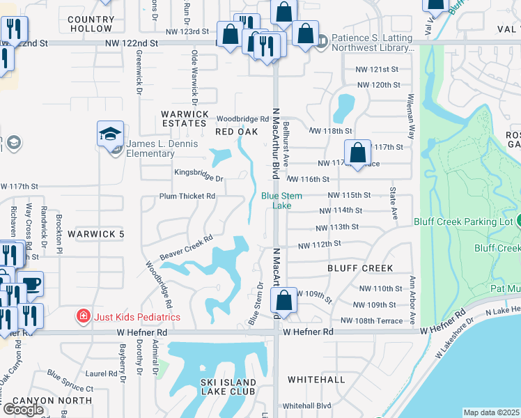 map of restaurants, bars, coffee shops, grocery stores, and more near 11405 Spring Creek Road in Oklahoma City