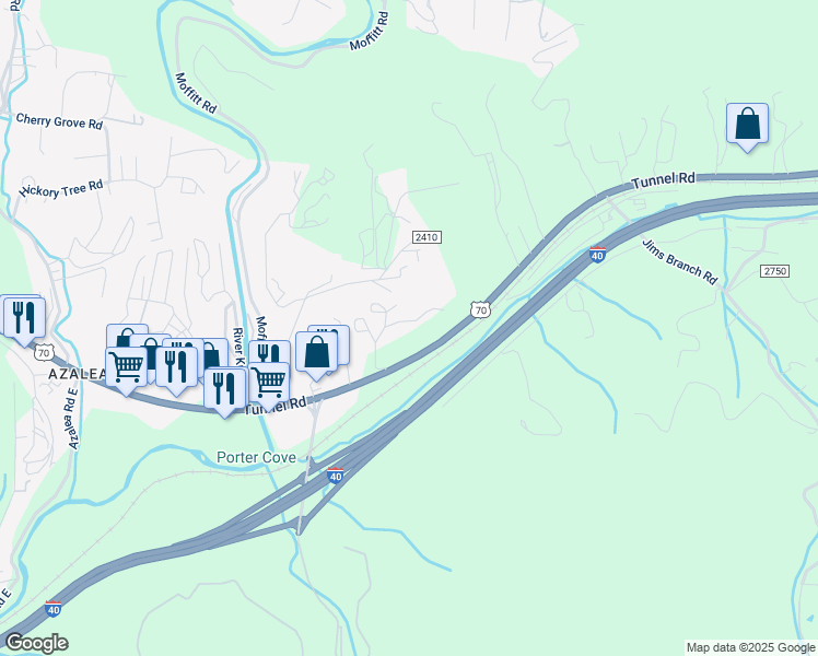 map of restaurants, bars, coffee shops, grocery stores, and more near 69 Briggs Road in Asheville