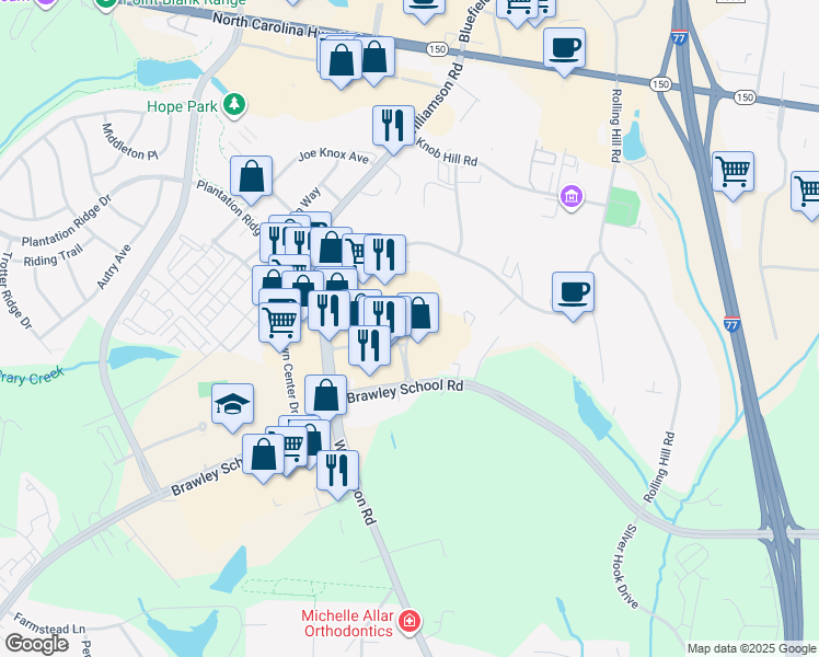 map of restaurants, bars, coffee shops, grocery stores, and more near 146a Mooresville Commons Way in Mooresville
