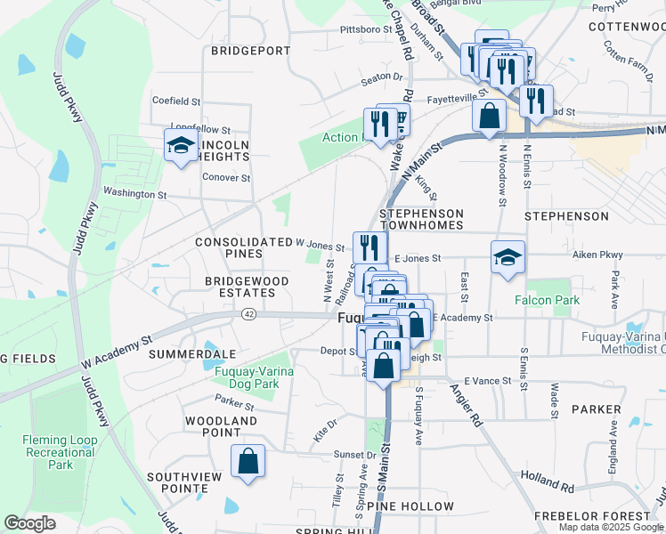 map of restaurants, bars, coffee shops, grocery stores, and more near 124 North West Street in Fuquay Varina