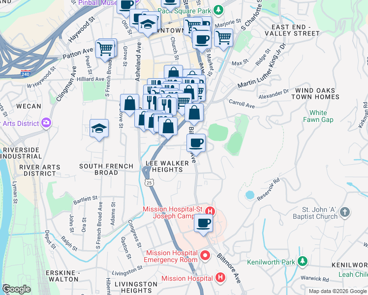 map of restaurants, bars, coffee shops, grocery stores, and more near 253 Biltmore Avenue in Asheville