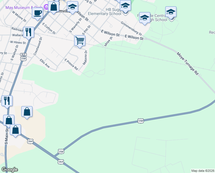 map of restaurants, bars, coffee shops, grocery stores, and more near 109-111 East Prince Road in Farmville