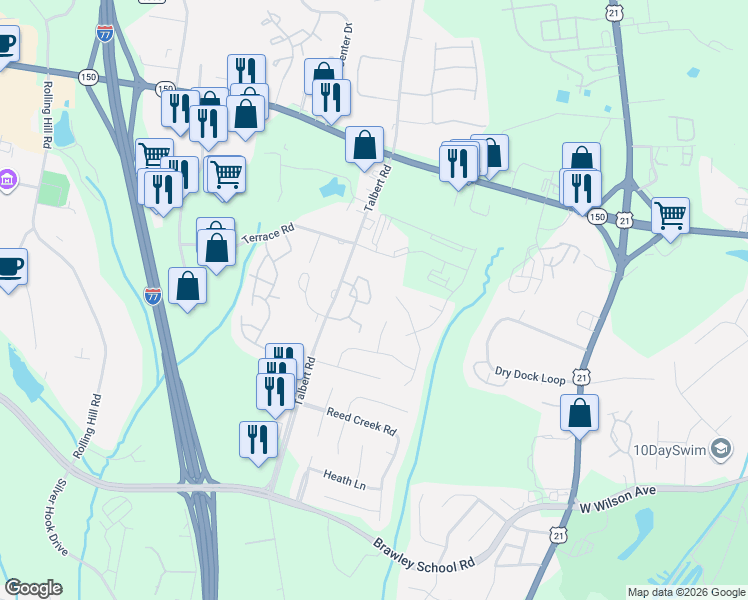 map of restaurants, bars, coffee shops, grocery stores, and more near 151 Kallie Loop in Mooresville