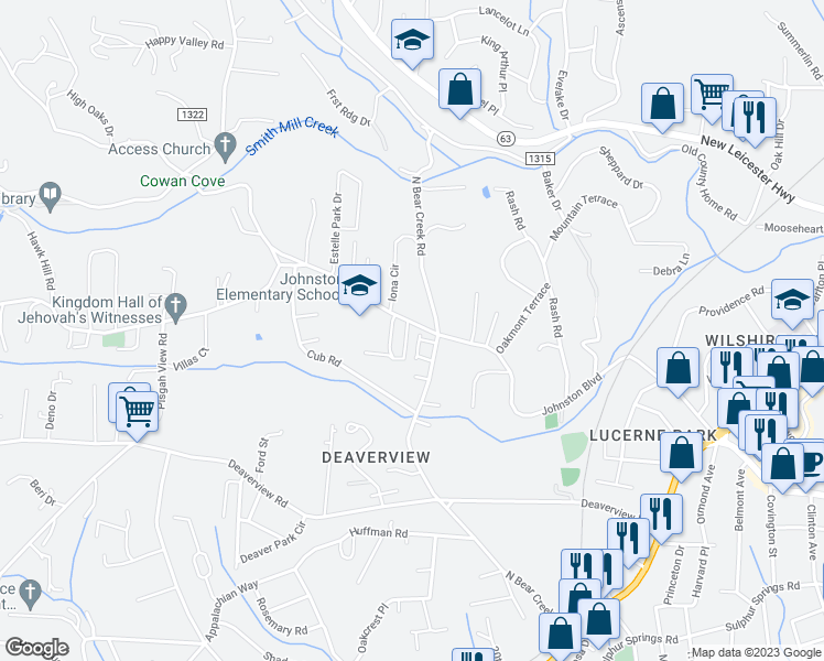 map of restaurants, bars, coffee shops, grocery stores, and more near 206 Johnston Boulevard in Asheville