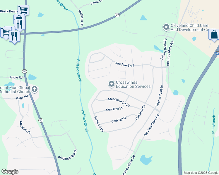 map of restaurants, bars, coffee shops, grocery stores, and more near 410 Fieldtrial Circle in Garner