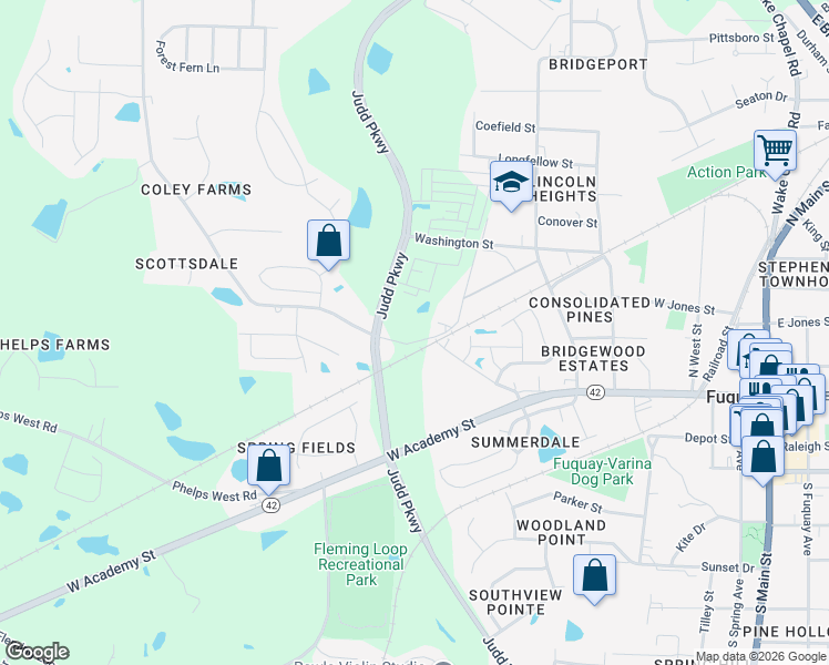 map of restaurants, bars, coffee shops, grocery stores, and more near 202 Coley Farm Road in Fuquay-Varina