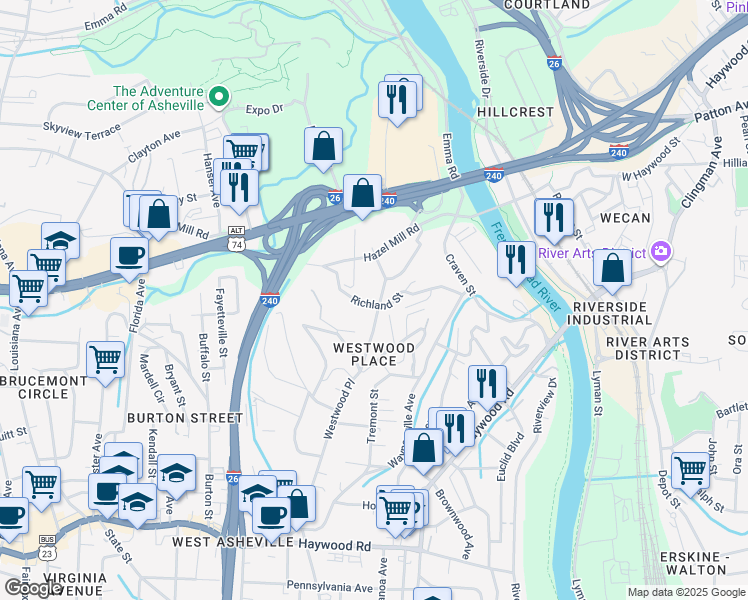 map of restaurants, bars, coffee shops, grocery stores, and more near 244 Westwood Place in Asheville