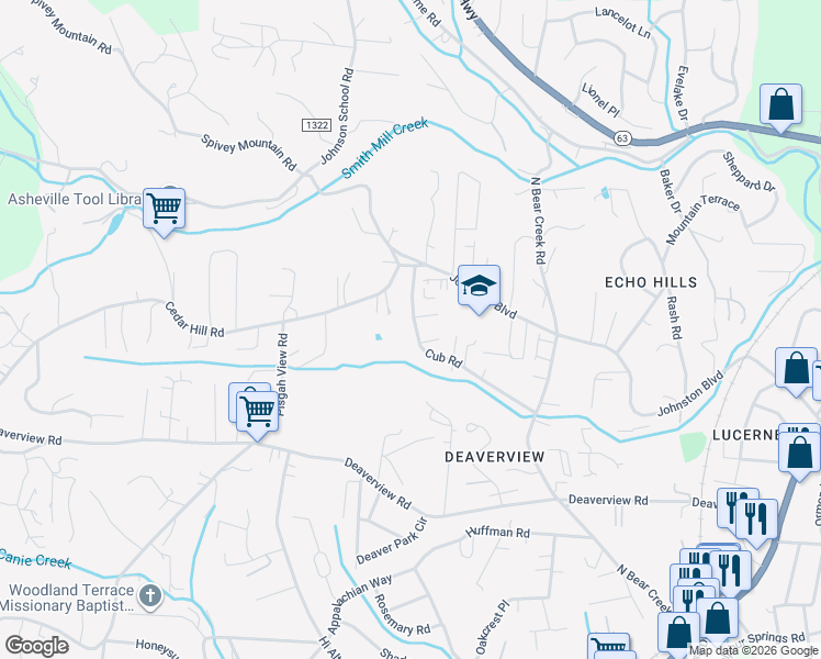 map of restaurants, bars, coffee shops, grocery stores, and more near 67 Cub Road in Asheville