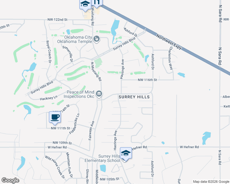 map of restaurants, bars, coffee shops, grocery stores, and more near 11120 Coachmans Road in Yukon