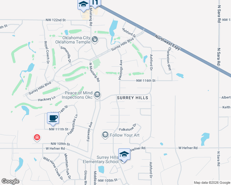 map of restaurants, bars, coffee shops, grocery stores, and more near 11120 Coachmans Road in Yukon