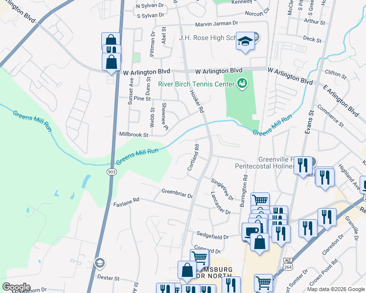 map of restaurants, bars, coffee shops, grocery stores, and more near 202 Freestone Road in Greenville