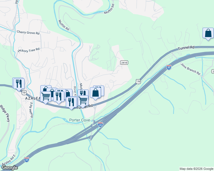 map of restaurants, bars, coffee shops, grocery stores, and more near 1 Briggs Road in Asheville