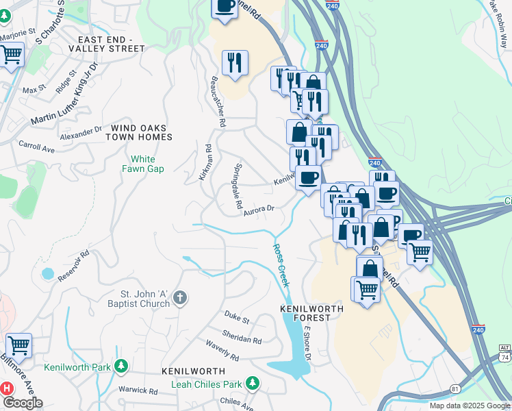 map of restaurants, bars, coffee shops, grocery stores, and more near 135 Aurora Drive in Asheville