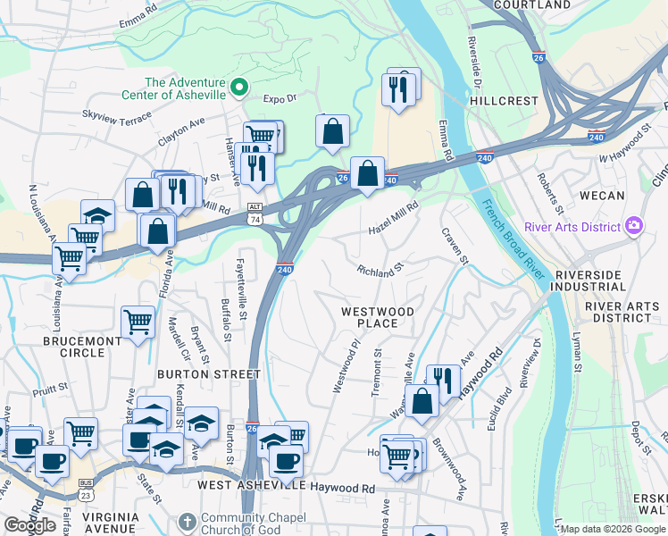 map of restaurants, bars, coffee shops, grocery stores, and more near 1 Worley Place in Asheville