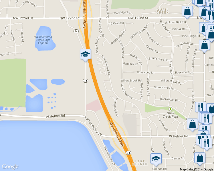 map of restaurants, bars, coffee shops, grocery stores, and more near 11415 Springhollow Road in Oklahoma City