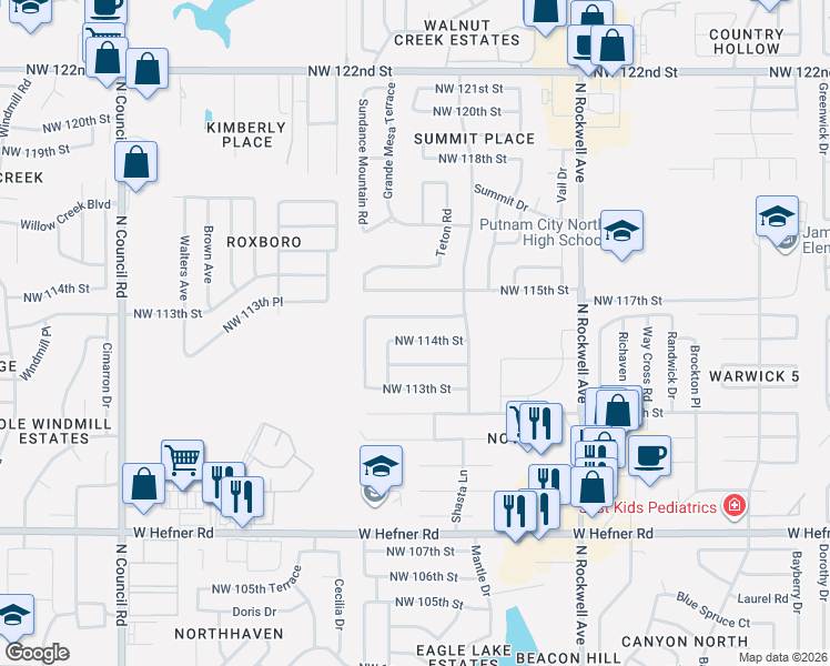 map of restaurants, bars, coffee shops, grocery stores, and more near 7404 Northwest 114th Street in Oklahoma City