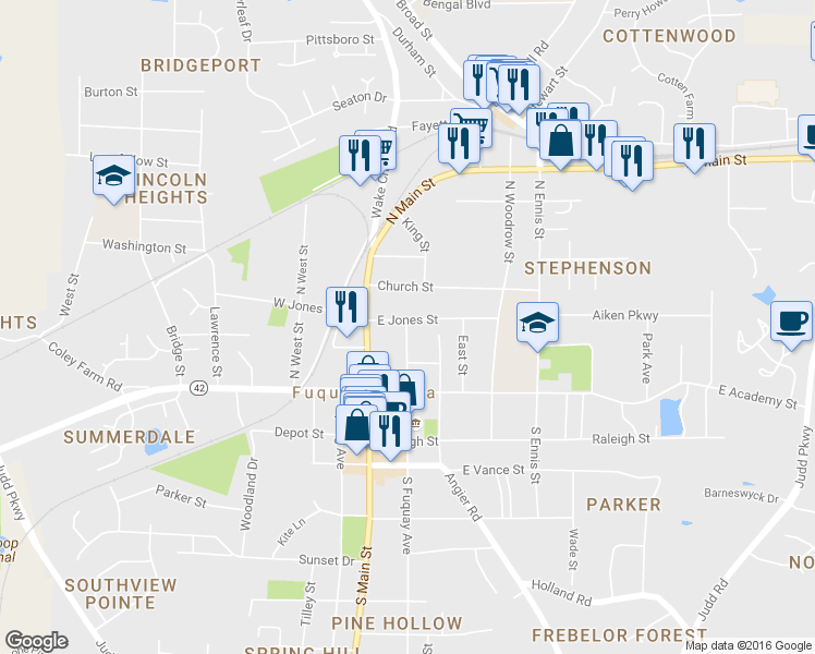 map of restaurants, bars, coffee shops, grocery stores, and more near 210 North Fuquay Avenue in Fuquay Varina