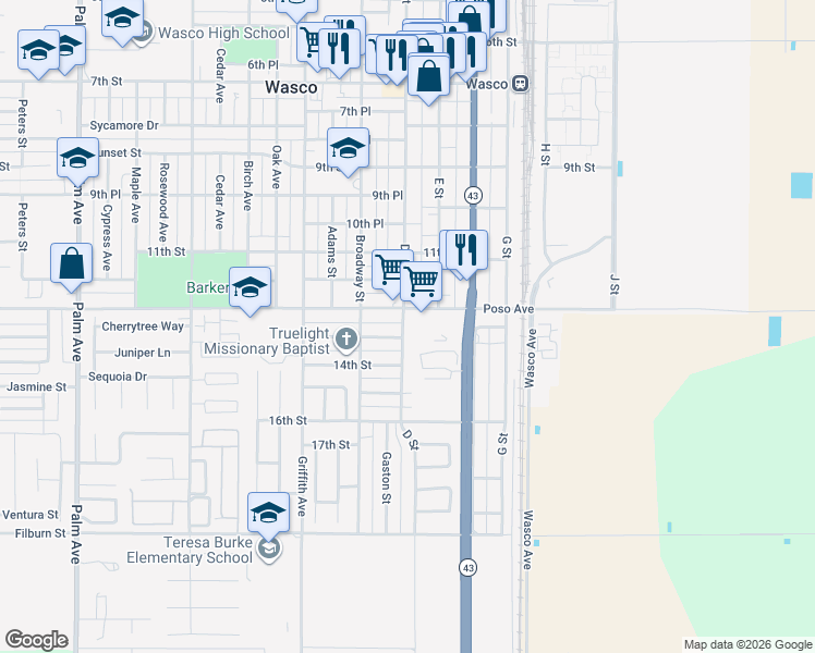 map of restaurants, bars, coffee shops, grocery stores, and more near 1009 13th Street in Wasco