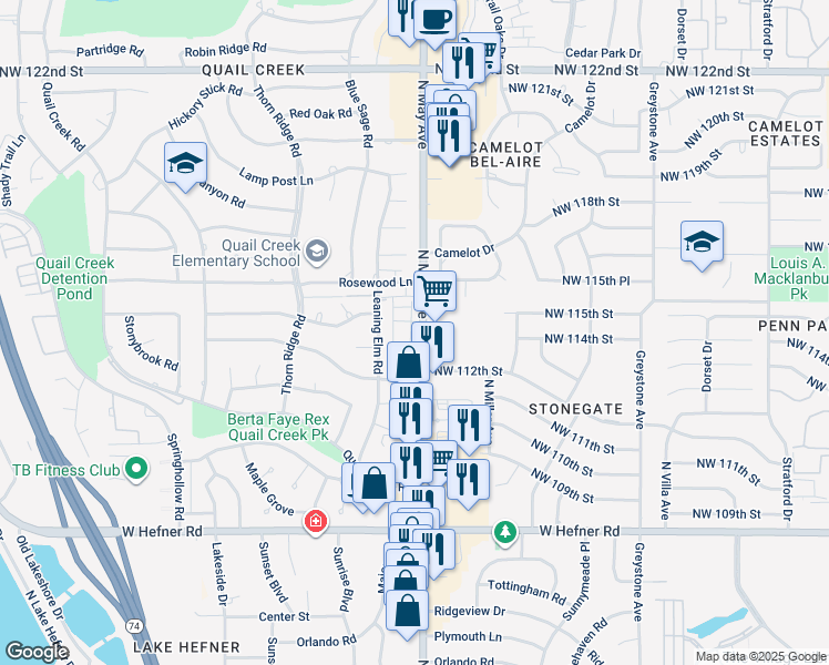 map of restaurants, bars, coffee shops, grocery stores, and more near 11405 North May Avenue in Oklahoma City