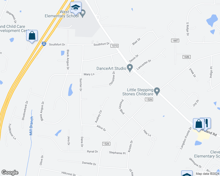 map of restaurants, bars, coffee shops, grocery stores, and more near 147 Christine Drive in Garner