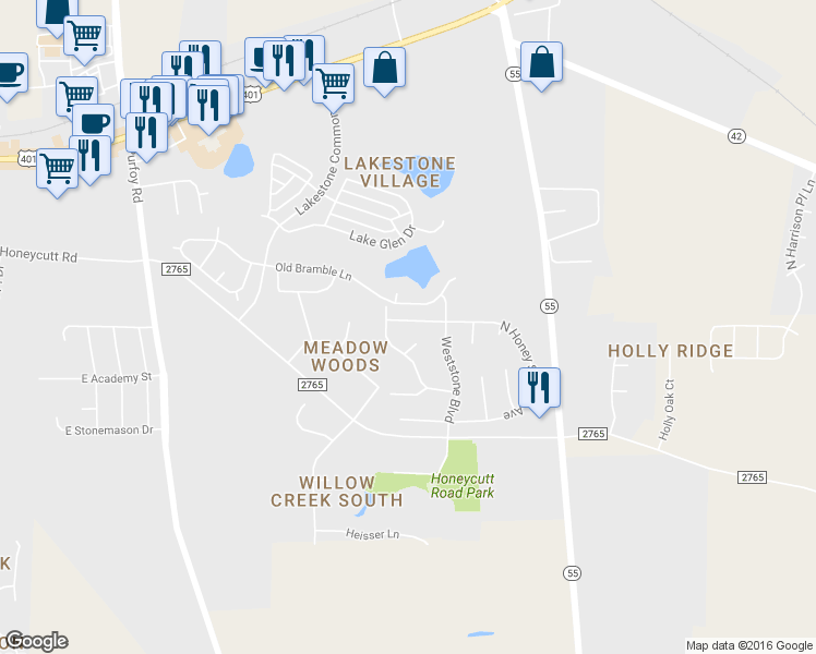 map of restaurants, bars, coffee shops, grocery stores, and more near 1728 East Honey Springs Avenue in Fuquay Varina
