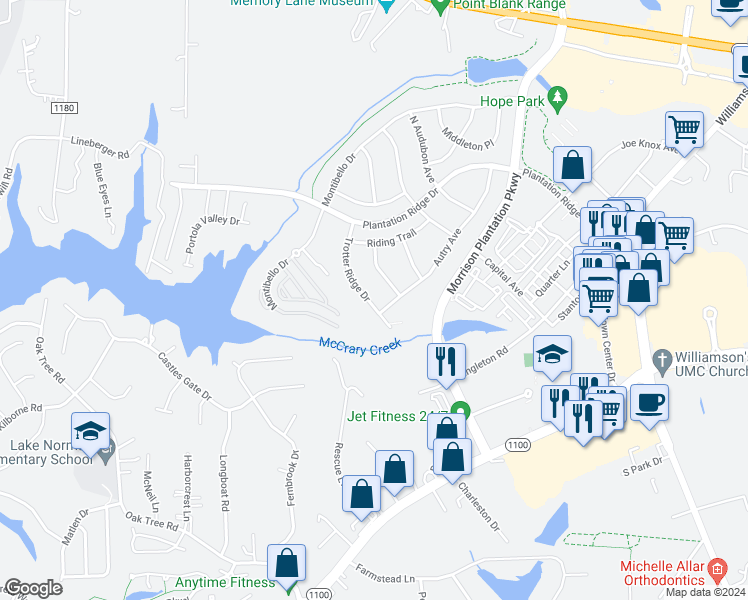 map of restaurants, bars, coffee shops, grocery stores, and more near 141 Trotter Ridge Drive in Mooresville