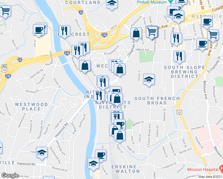 map of restaurants, bars, coffee shops, grocery stores, and more near Park Avenue North in Asheville