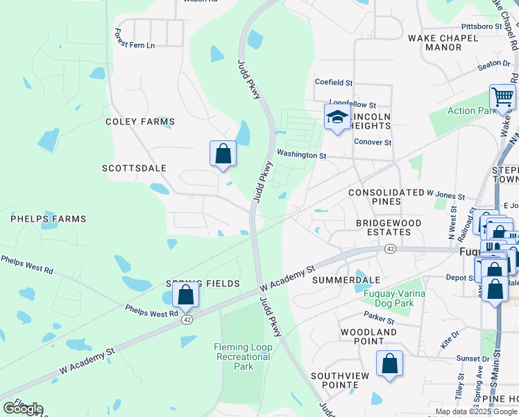 map of restaurants, bars, coffee shops, grocery stores, and more near 212 Coley Farm Road in Fuquay-Varina