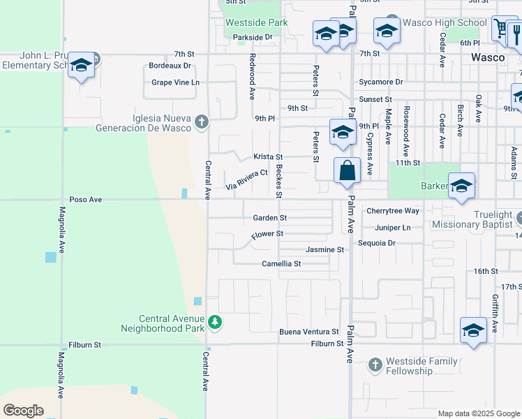 map of restaurants, bars, coffee shops, grocery stores, and more near 2601 Garden Street in Wasco