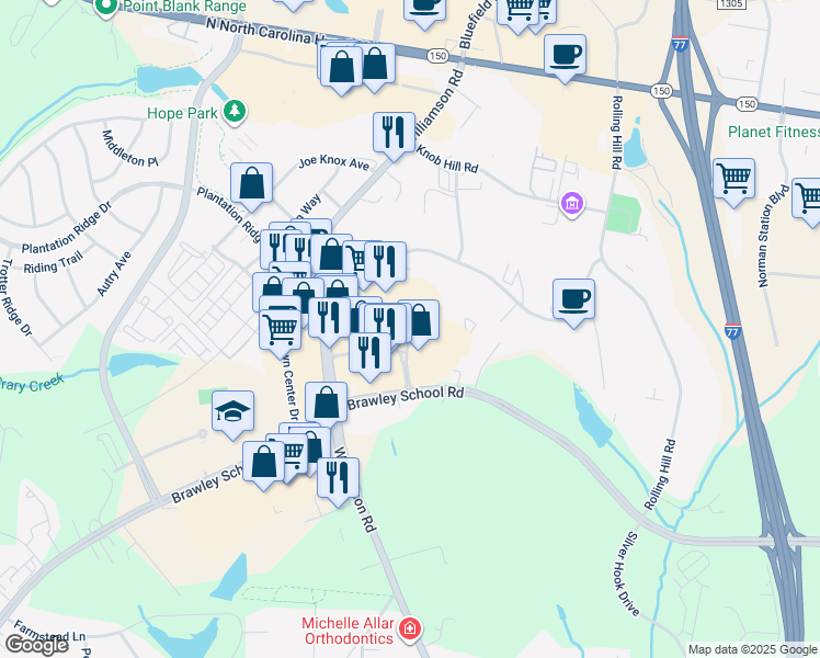 map of restaurants, bars, coffee shops, grocery stores, and more near 146a Mooresville Commons Way in Mooresville