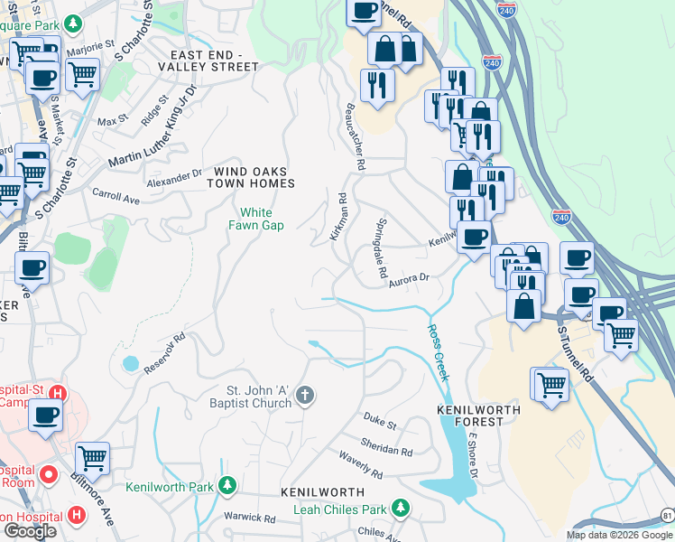 map of restaurants, bars, coffee shops, grocery stores, and more near 14 Clearbrook Road in Asheville