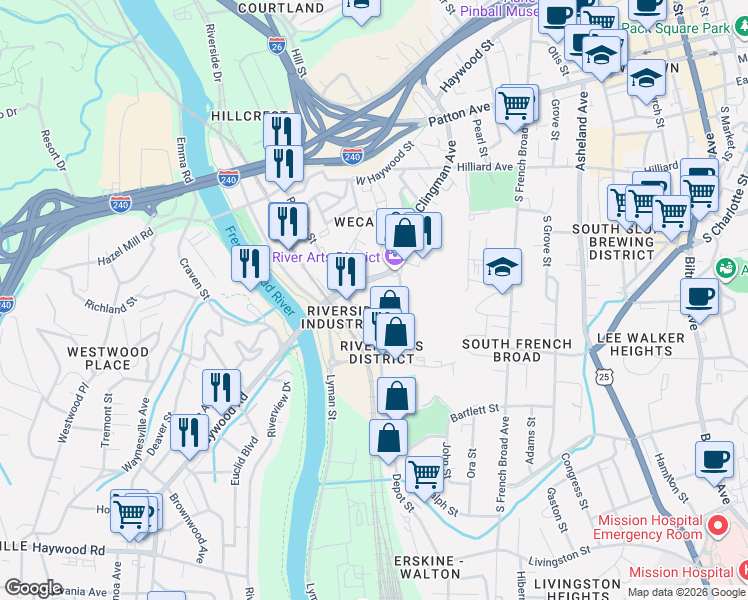 map of restaurants, bars, coffee shops, grocery stores, and more near 140C Roberts Street in Asheville