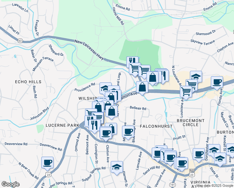 map of restaurants, bars, coffee shops, grocery stores, and more near 12 Mace Avenue in Asheville