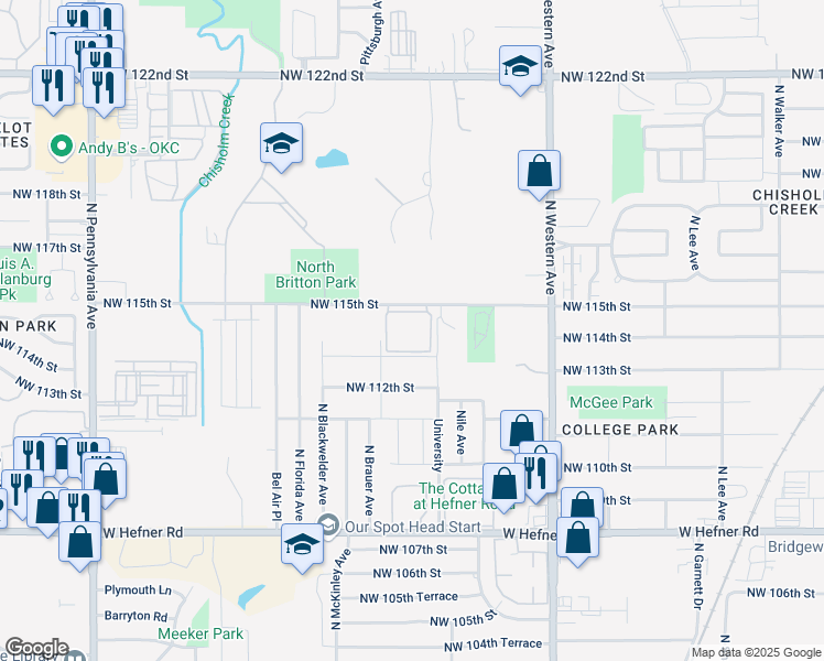 map of restaurants, bars, coffee shops, grocery stores, and more near 1400 Northwest 115th Street in Oklahoma City
