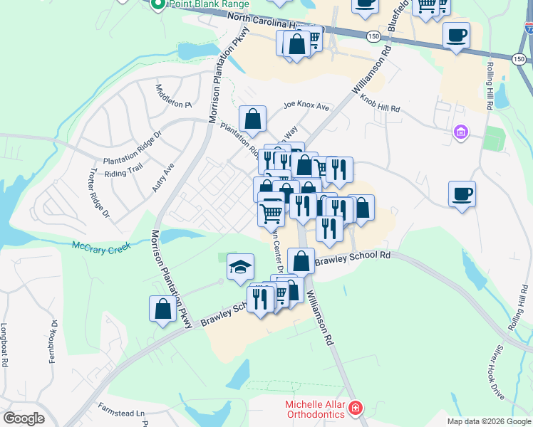map of restaurants, bars, coffee shops, grocery stores, and more near 119 Town Center Drive in Mooresville