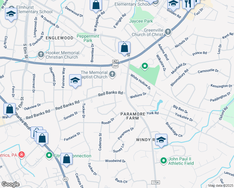 map of restaurants, bars, coffee shops, grocery stores, and more near 101 Baytree Drive in Greenville