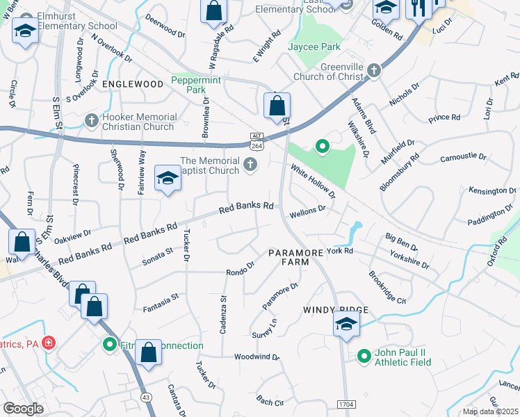 map of restaurants, bars, coffee shops, grocery stores, and more near 104 Baytree Dr in Greenville