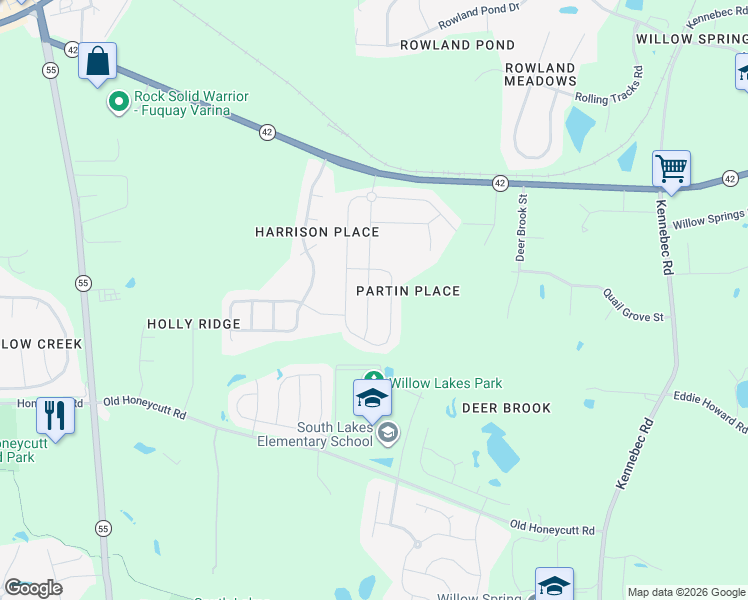 map of restaurants, bars, coffee shops, grocery stores, and more near 121 Willow Grove Lane in Fuquay-Varina
