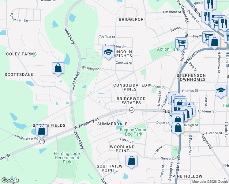 map of restaurants, bars, coffee shops, grocery stores, and more near 526 Dawley Drive in Fuquay-Varina