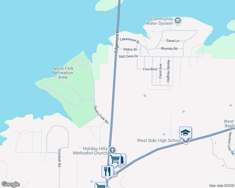 map of restaurants, bars, coffee shops, grocery stores, and more near 55 Devil's Fork Road in Greers Ferry