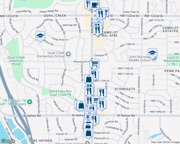 map of restaurants, bars, coffee shops, grocery stores, and more near 11335 North May Avenue in Oklahoma City