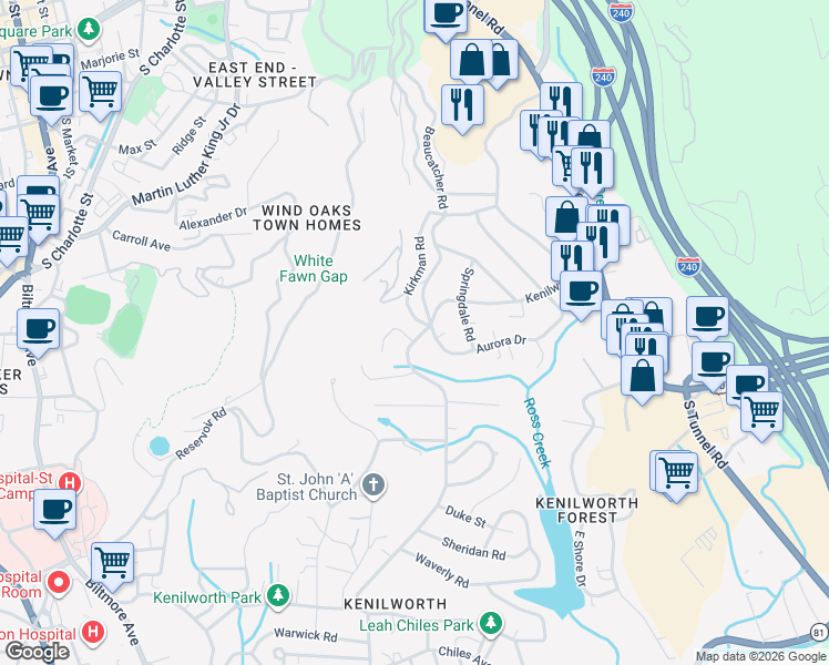 map of restaurants, bars, coffee shops, grocery stores, and more near 14 Clearbrook Road in Asheville
