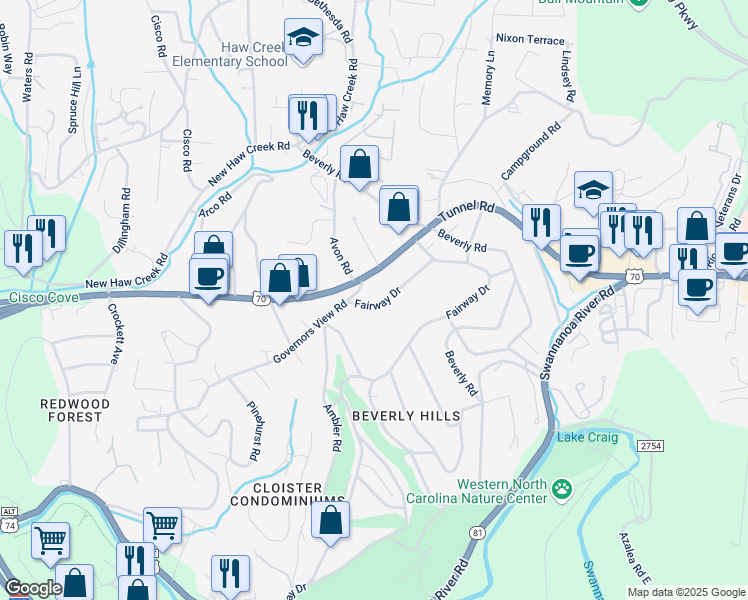 map of restaurants, bars, coffee shops, grocery stores, and more near 8 Fairway Drive in Asheville