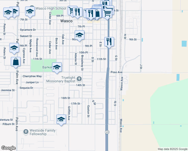 map of restaurants, bars, coffee shops, grocery stores, and more near 915 Poso Drive in Wasco