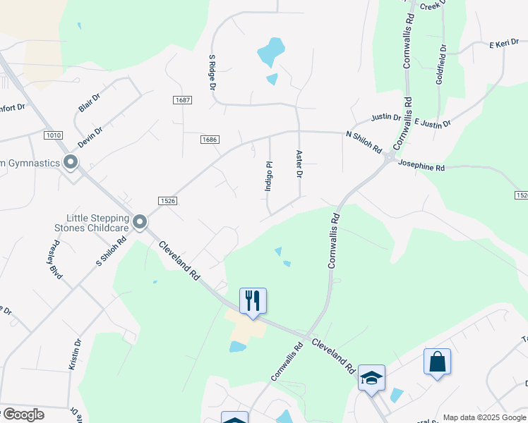 map of restaurants, bars, coffee shops, grocery stores, and more near 332 Indigo Place in Garner