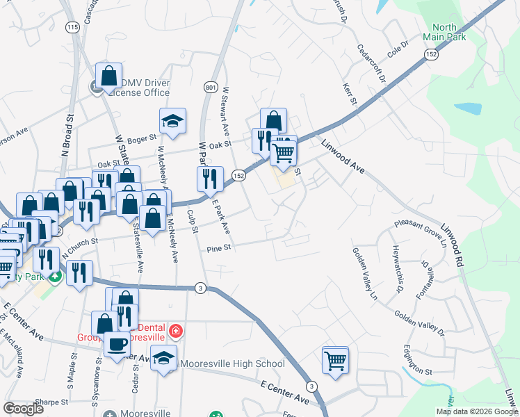 map of restaurants, bars, coffee shops, grocery stores, and more near 111 Teaberry Court in Mooresville