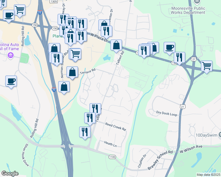 map of restaurants, bars, coffee shops, grocery stores, and more near 112 Talbert Town Loop in Mooresville