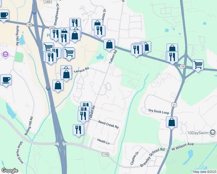 map of restaurants, bars, coffee shops, grocery stores, and more near 113 Talbert Town Loop in Mooresville